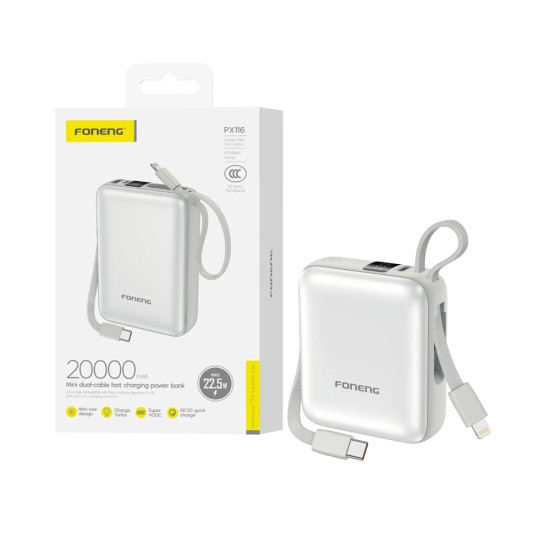 Foneng Power Bank PX116 with 2-in-1 Cable Lightning+Type-C 20000mAh Light Gold